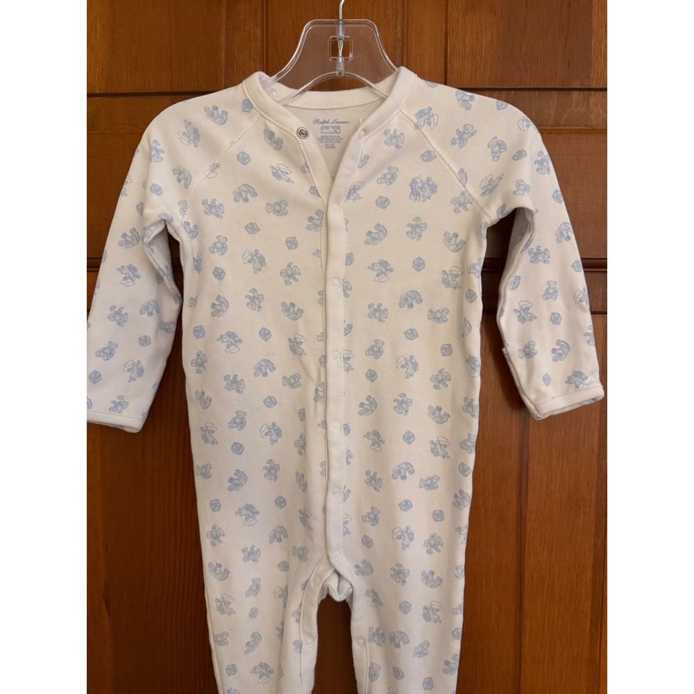 Ralph Lauren Baby Boy Footed Coverall 6-9 Month White/Blue Cotton Infant Nursery